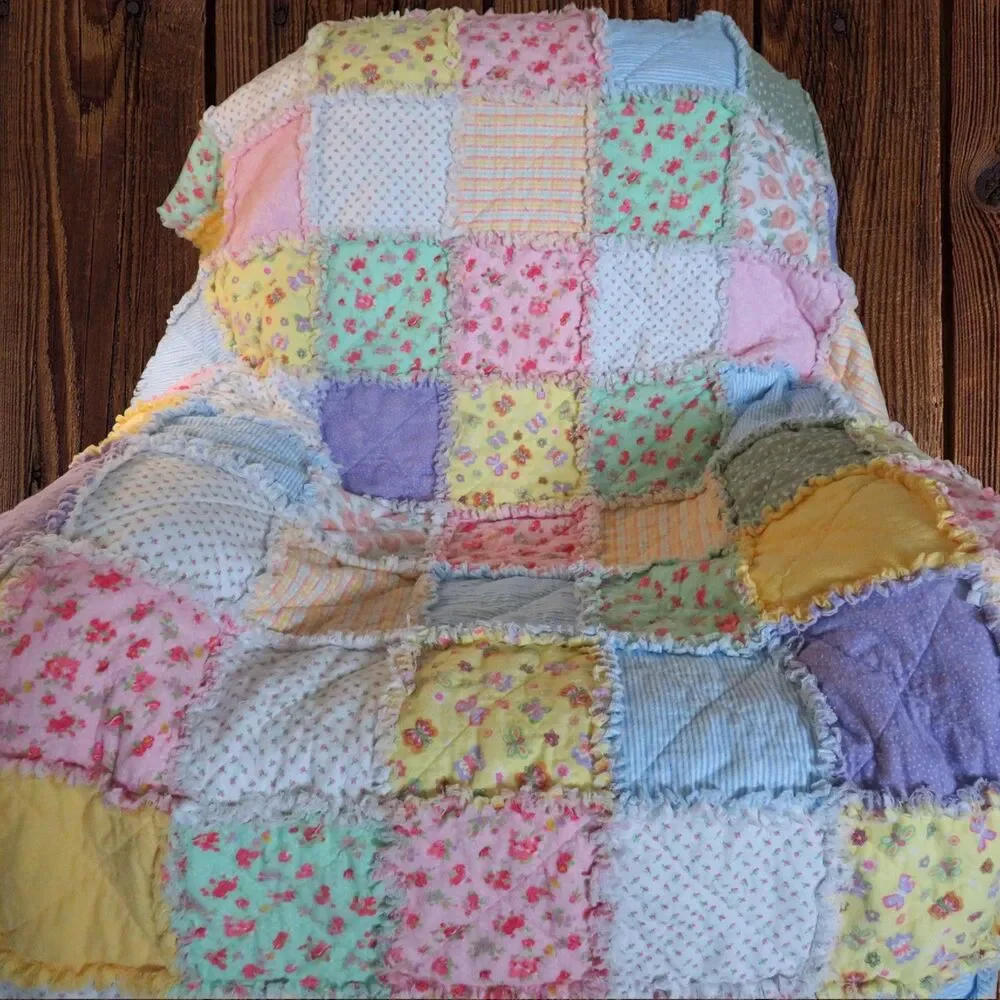 Flannel Rag Quilt With Batting, 50x64, Roses and Butterflies